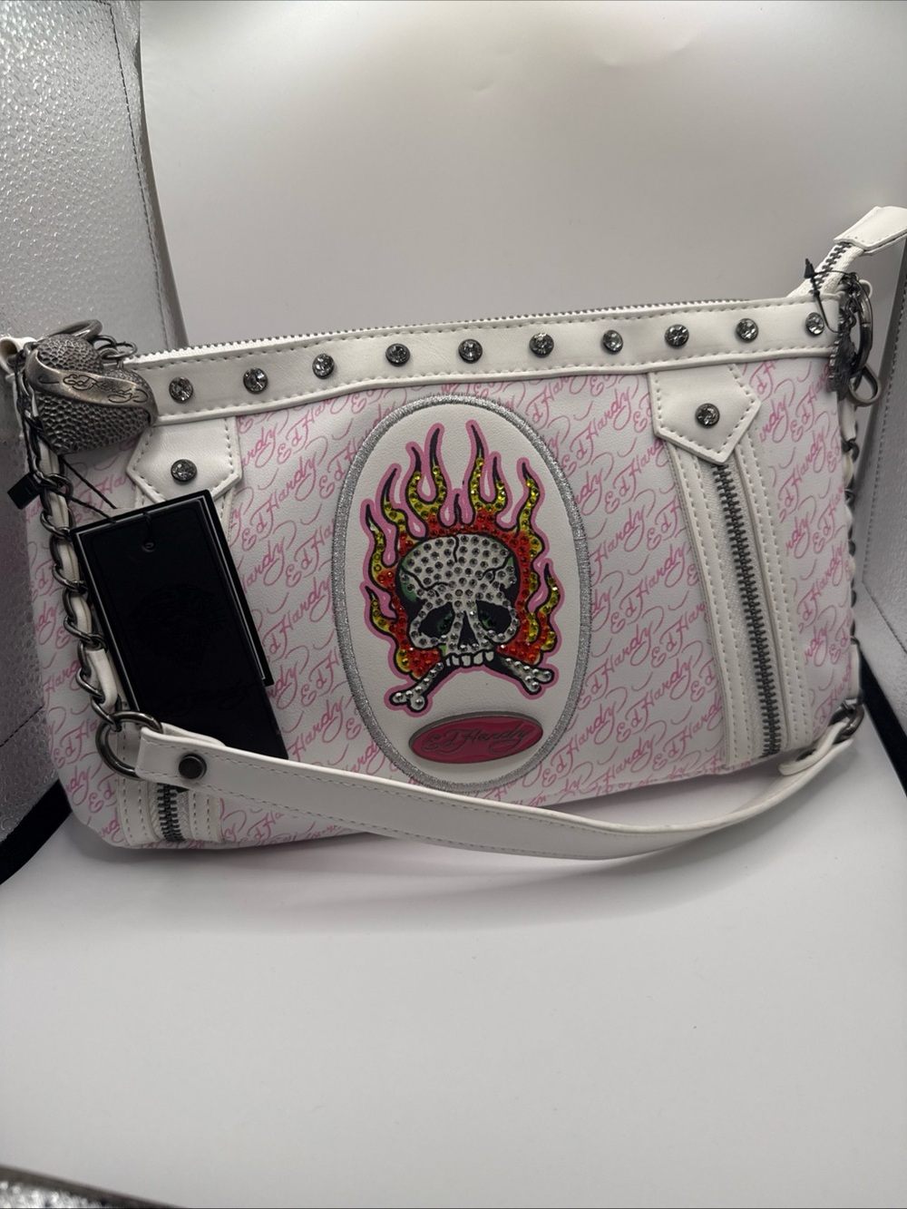 Ed Hardy White and Pink Skull-Embroidered Women’s Shoulder Bag with Tiger Charm